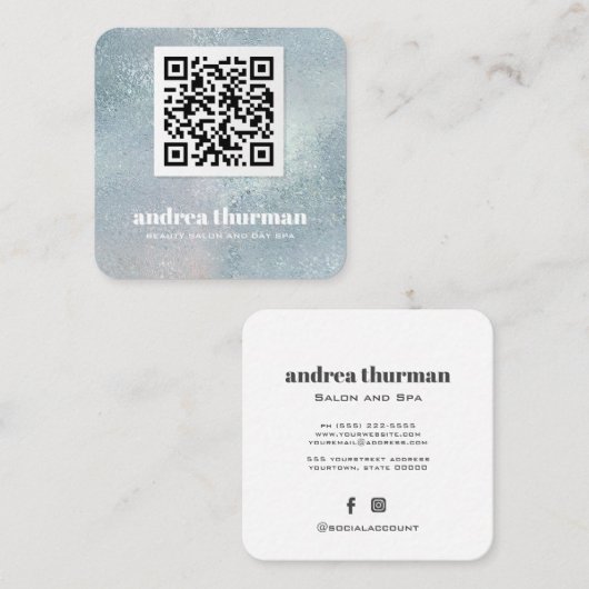 Carte De Visite Carré Elégant cristal bleu nacré irisé QR CODE (Devant / Derrière)