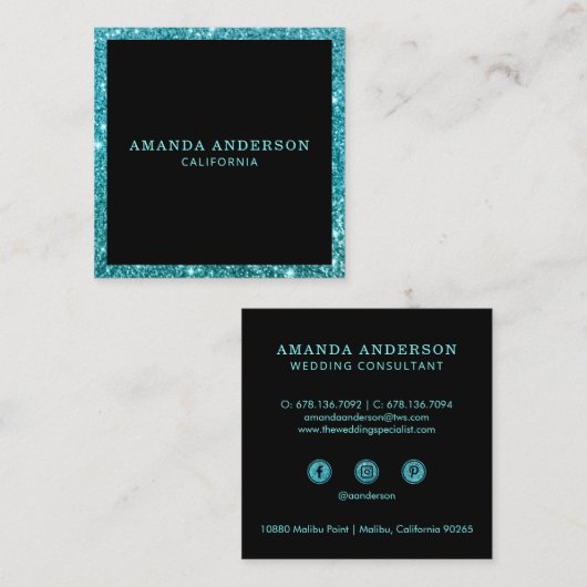 Carte De Visite Carré Élégant élégant Turquoise Parties scintillant Cart (Devant / Derrière)