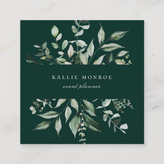 Carte De Visite Carré Élégant émeraude de feuillage sauvage d'aquarelle (Devant)
