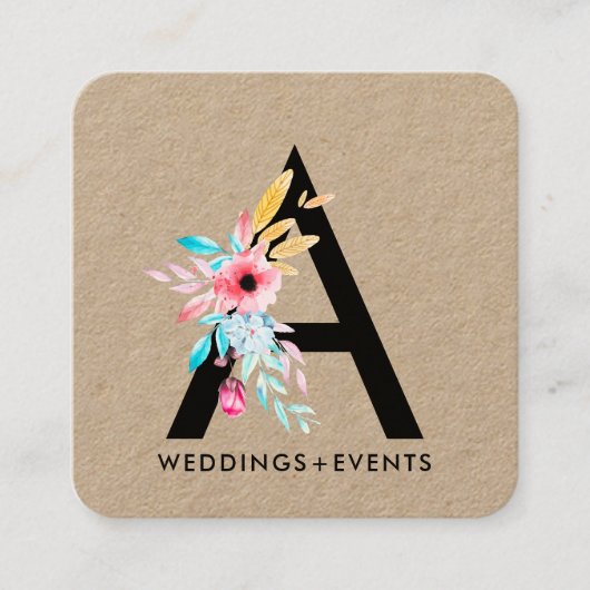 Carte De Visite Carré Élégant fleurs aquarelle floral monogramme kraft (Devant)