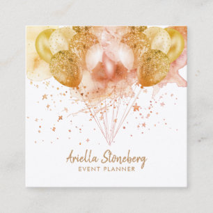 Carte De Visite Carré Élégant Gold Balloons Stars Planificateur d'événem