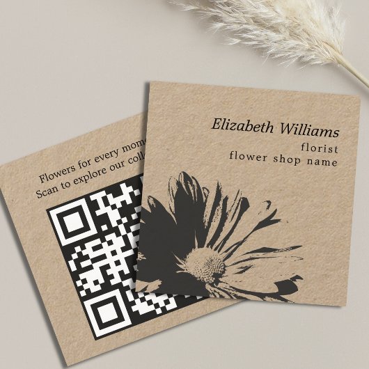 Carte De Visite Carré Elegant Kraft Dark Floral Pattern Florist QR code