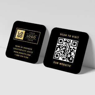 Carte De Visite Carré Élégant Logo QR Site Web Feuille d'Or Noir