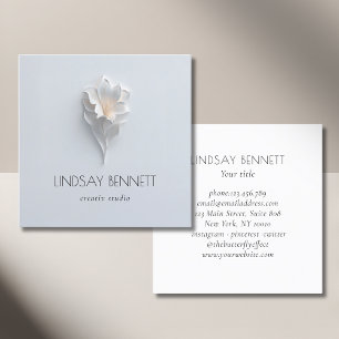 Carte De Visite Carré Élégant Minimaliste Floral Blanc Bleu