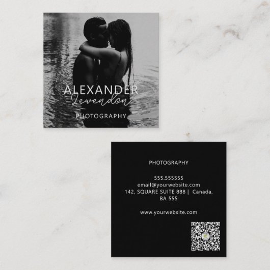 Carte De Visite Carré Élégant moderne noir script photo minimal QR Code (Devant / Derrière)
