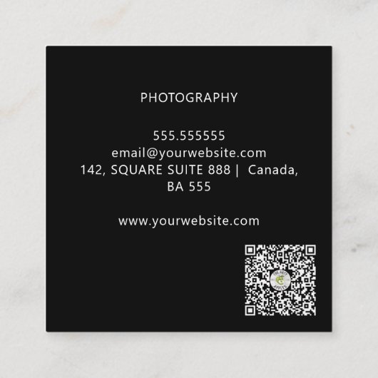 Carte De Visite Carré Élégant moderne noir script photo minimal QR Code (Dos)
