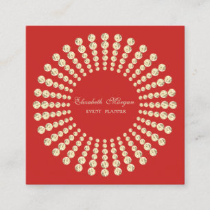 Carte De Visite Carré Élégant Moderne, Rouge, Diamants Dorés