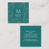 Carte De Visite Carré Élégant MONOGRAM Turquoise Bleu Floral (Devant / Derrière)