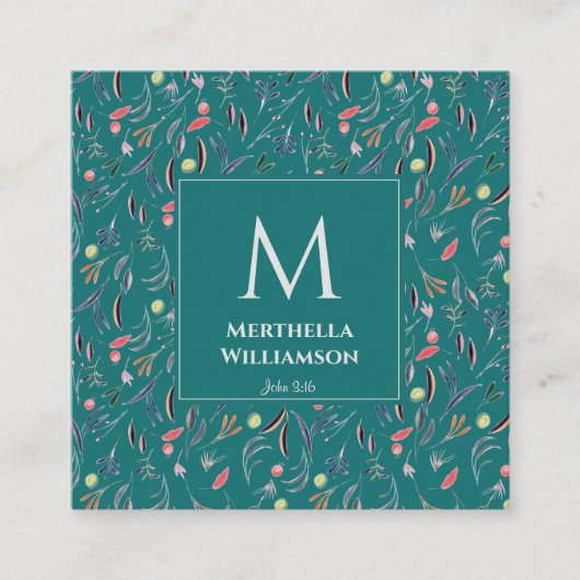 Carte De Visite Carré Élégant MONOGRAM Turquoise Bleu Floral (Devant)