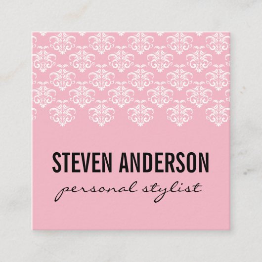 Carte De Visite Carré Elégant motif Damas / rose (Devant)
