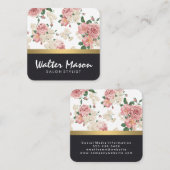 Carte De Visite Carré Elégant motif floral cuir finition or (Devant / Derrière)