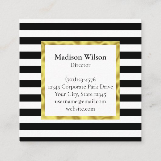 Carte De Visite Carré Elégant noir blanc rayures Gold bordure Monogamr (Dos)
