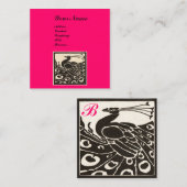 CARTE DE VISITE CARRÉ ÉLÉGANT NOIR BLANC ROSE CHAUD MONOGRAMME PAON (Devant / Derrière)