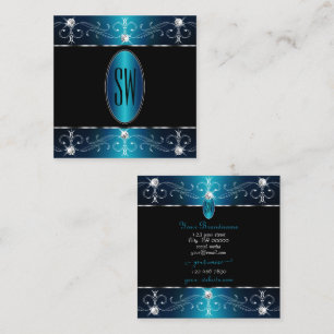 Carte De Visite Carré Élégant Noir Turquoise Bleu Ornat Ornat Monogramme