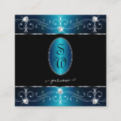 Carte De Visite Carré Élégant Noir Turquoise Bleu Ornat Ornements Initia (Devant)