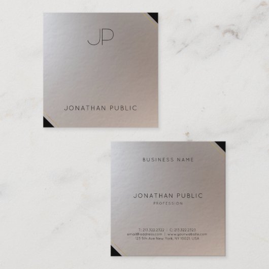 Carte De Visite Carré Elégant or argent Monogramme moderne Modèle Luxe (Devant / Derrière)