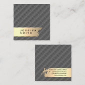 Carte De Visite Carré Elégant Or Brossé Stripes / Noir (Devant / Derrière)