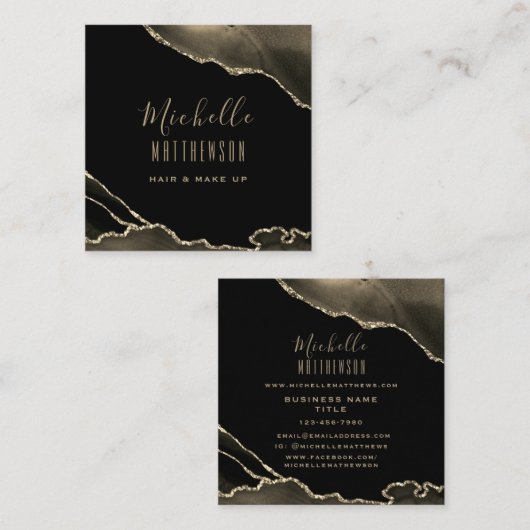 Carte De Visite Carré Élégant or noir Agate Marbre Script (Devant / Derrière)