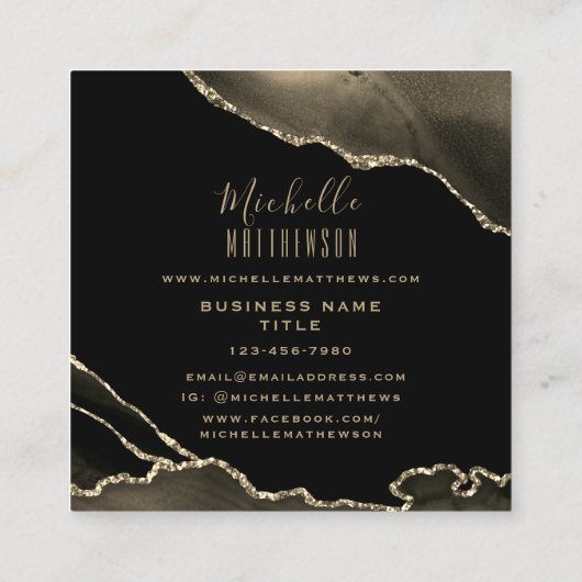 Carte De Visite Carré Élégant or noir Agate Marbre Script (Dos)
