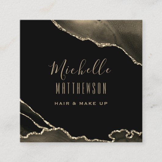 Carte De Visite Carré Élégant or noir Agate Marbre Script (Devant)