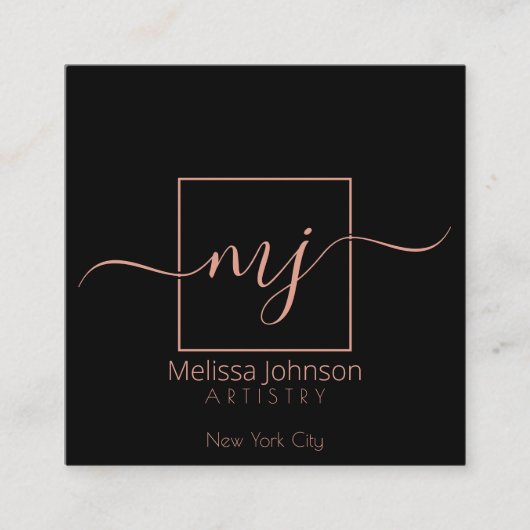 Carte De Visite Carré Elégant or Rose sur noir (Devant)