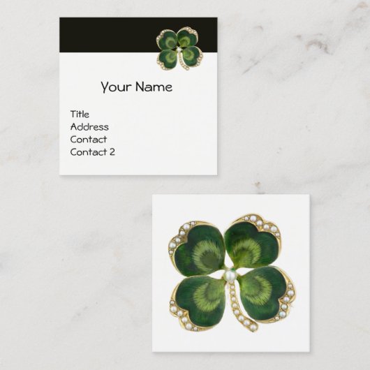 Carte De Visite Carré ÉLÉGANT OR VERT SHAMROCK JEWEL ET PERLES Blanc (Devant / Derrière)