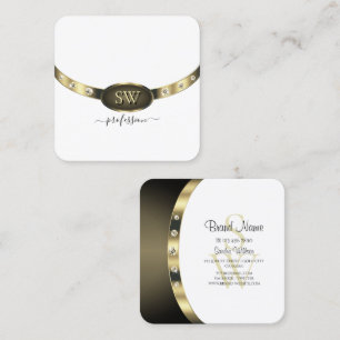 Carte De Visite Carré Élégant Orné Or Blanc Diamants avec Monogramme