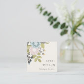 Carte De Visite Carré Élégant Pastel Boho Blush Blue Green Leafy Floral (Debout devant)