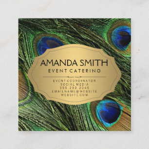 Carte De Visite Carré Elégant Peacock Feathers Faux Metallic Gold
