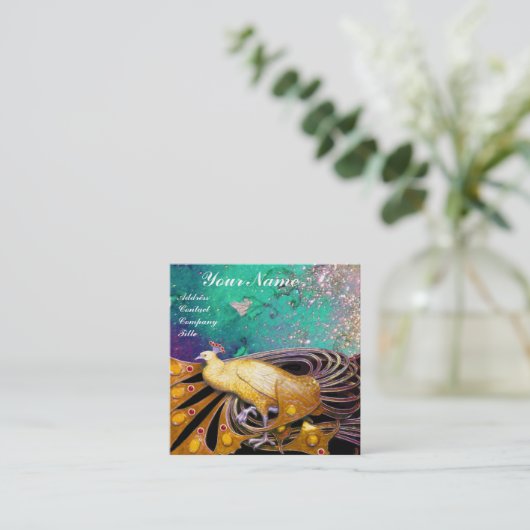 CARTE DE VISITE CARRÉ ÉLÉGANT PEACOCK JAUNE ET FEUILLES FLORAUX VERTS (Debout devant)
