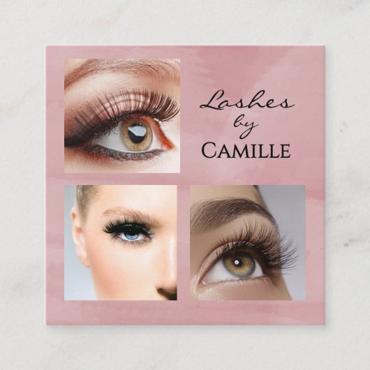 Carte De Visite Carré Elegant Pink Black Script 3 Photo Makeup (Devant)