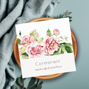 Carte De Visite Carré Elégant rose rose vert Aquarelle Peony Floral