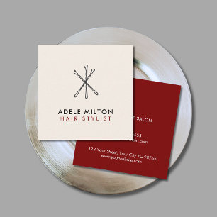 Carte De Visite Carré Elégant Rouge Ecru Blanc Bobby Pins Cheveux