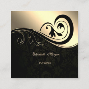 Carte De Visite Carré Elégant Sophisticé, Noir Damas, Or Swirl