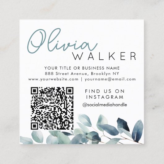 Carte De Visite Carré Élégant vert Botanique Nom du script QR Code (Dos)