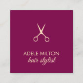 Carte De Visite Carré Elégant Vin Rouge Pastel Ciseaux Coiffeur (Devant)