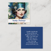 Carte De Visite Carré Élégante Blue Gold Peacock Femme (Devant / Derrière)