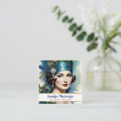 Carte De Visite Carré Élégante Blue Gold Peacock Femme (Debout devant)