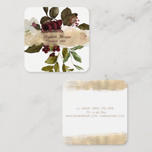 Carte De Visite Carré Élégante Brosse, Fleurs Bourgogne (Devant / Derrière)