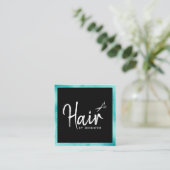 Carte De Visite Carré Elégante coiffeuse à ciseaux bleu et noir (Debout devant)