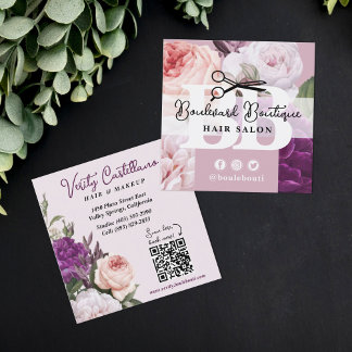 Carte De Visite Carré Elégante Dusty Mauve Floral Hair Salon Styliste QR