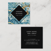 Carte De Visite Carré Elégante feuille d'or bleu marbre aquarelle diaman (Devant / Derrière)