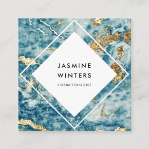 Carte De Visite Carré Elégante feuille d'or bleu marbre aquarelle diaman