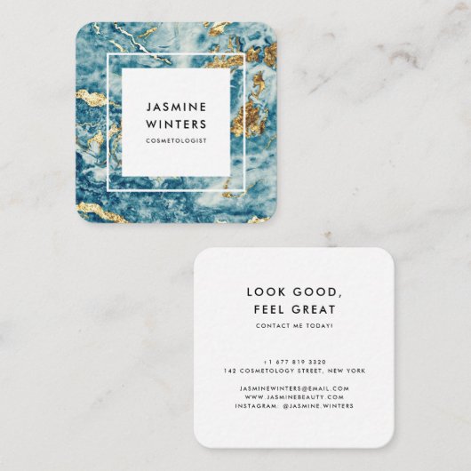 Carte De Visite Carré Elégante feuille d'or bleu marbre aquarelle minima (Devant / Derrière)