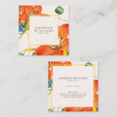 Carte De Visite Carré Elégante Orange Moderne Chic Aquarelle Florale (Devant / Derrière)