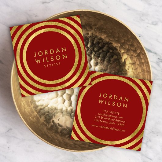 Carte De Visite Carré Elégantes lignes rouges rouges Faux Gold Rond géom
