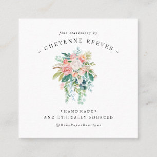 Carte De Visite Carré En fleurs   Logo floral vintage Blush