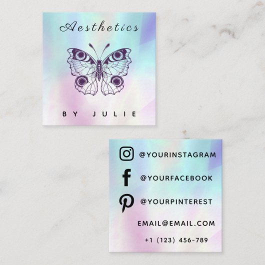 Carte De Visite Carré Esthétique Holographique Elégant Papillon Moderne (Devant / Derrière)