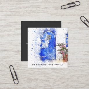 Carte De Visite Carré Évaluateur immobilier Porte Bleue Aquarelle