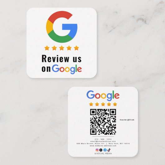 Carte De Visite Carré Évaluer Google Avis QR Code Évaluations Google (Devant / Derrière)